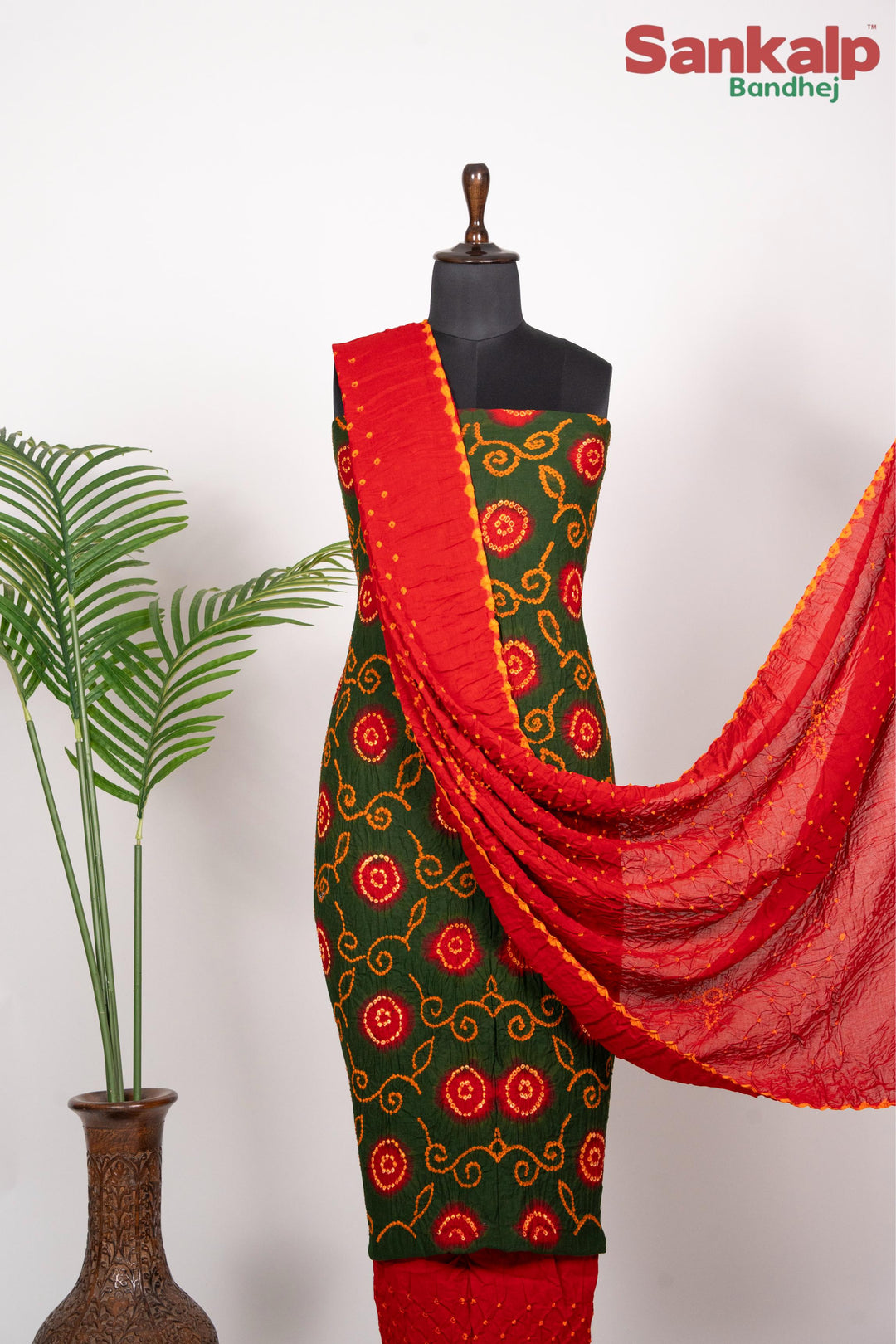 Green Designer Bandhani Cotton Satin Suit Material