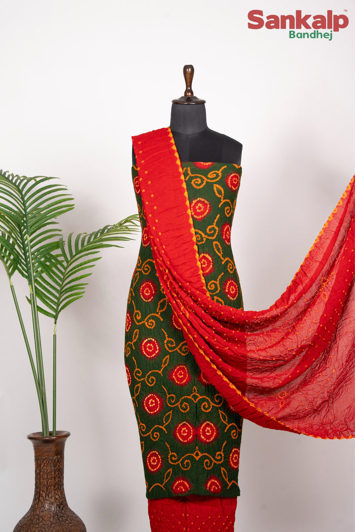 Green Designer Bandhani Cotton Satin Suit Material