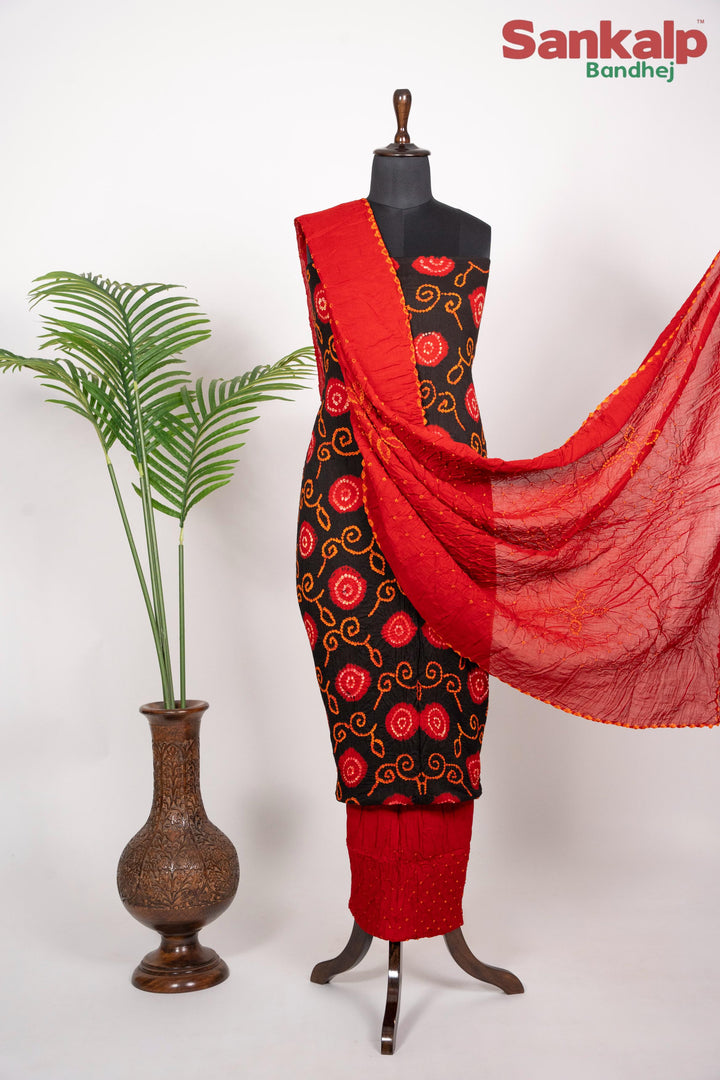 Red Designer Bandhani Cotton Satin Suit Material