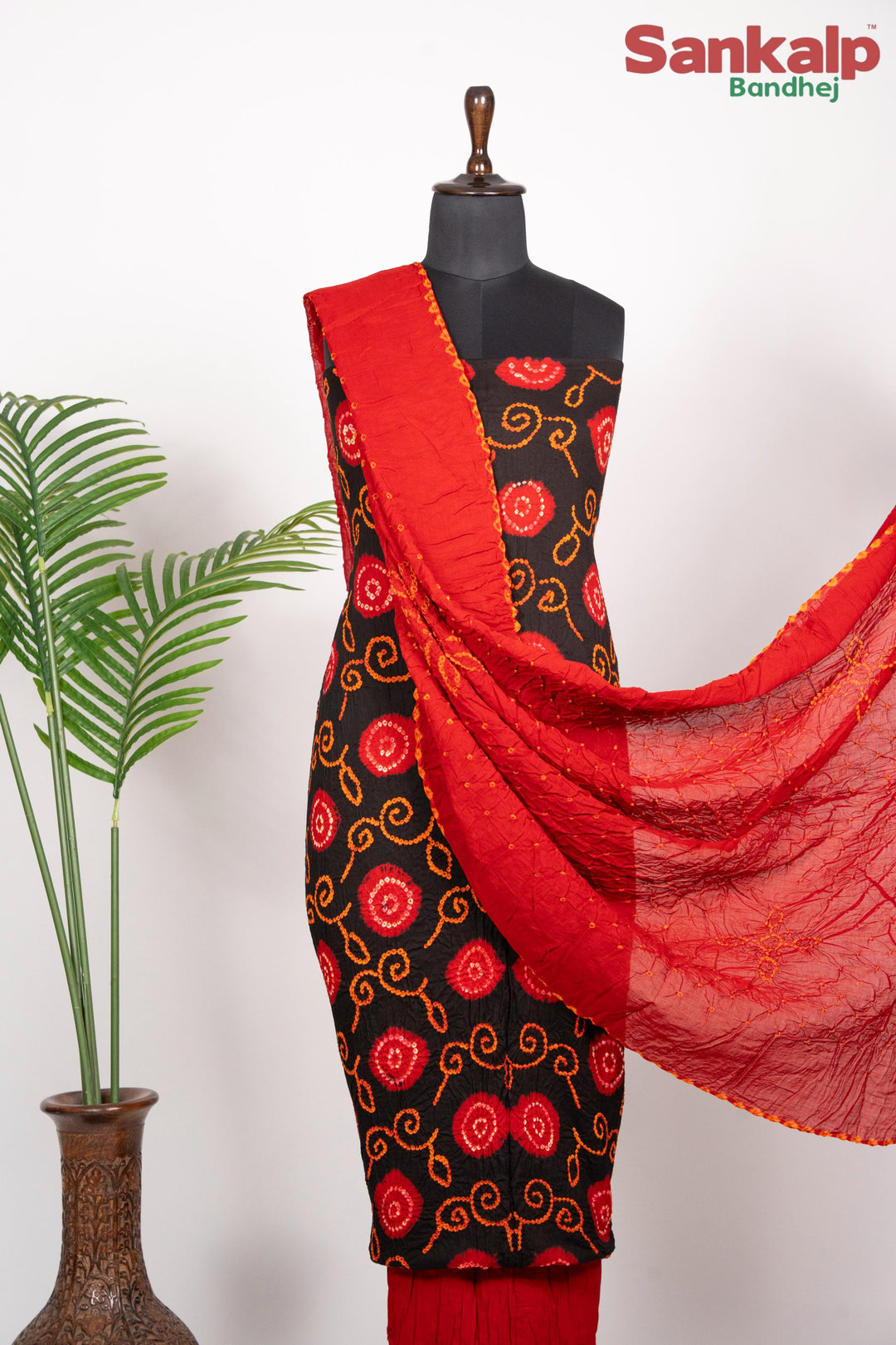 Red Designer Bandhani Cotton Satin Suit Material