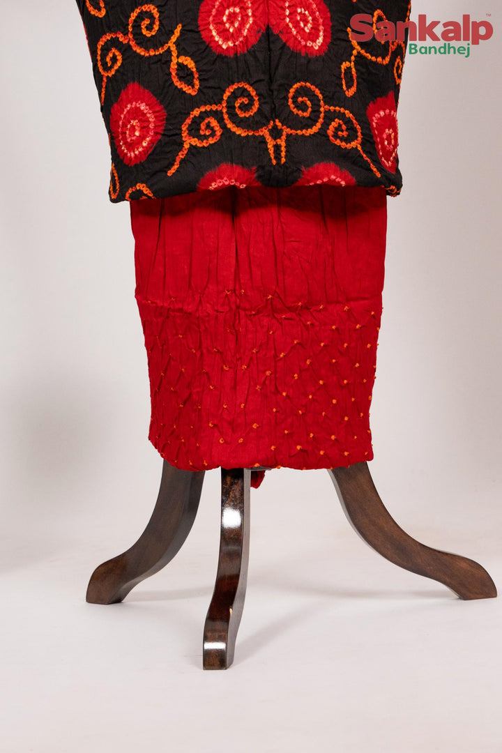 Red Designer Bandhani Cotton Satin Suit Material