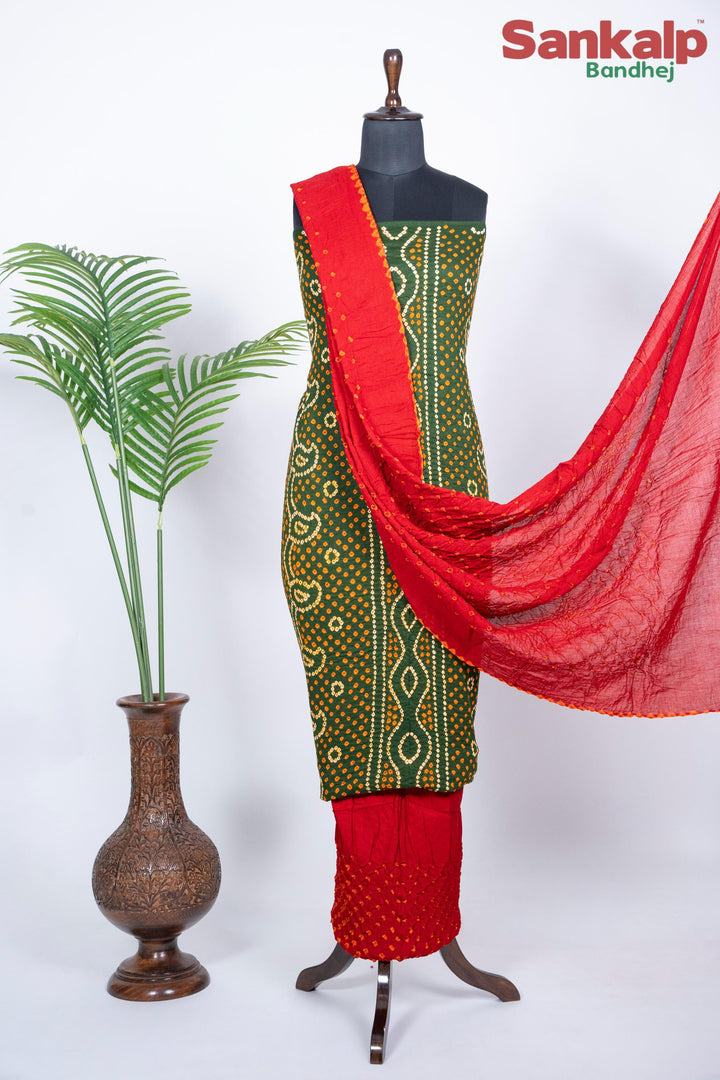 Bottle Green Chandrakani Bandhani Cotton Satin Suit Material