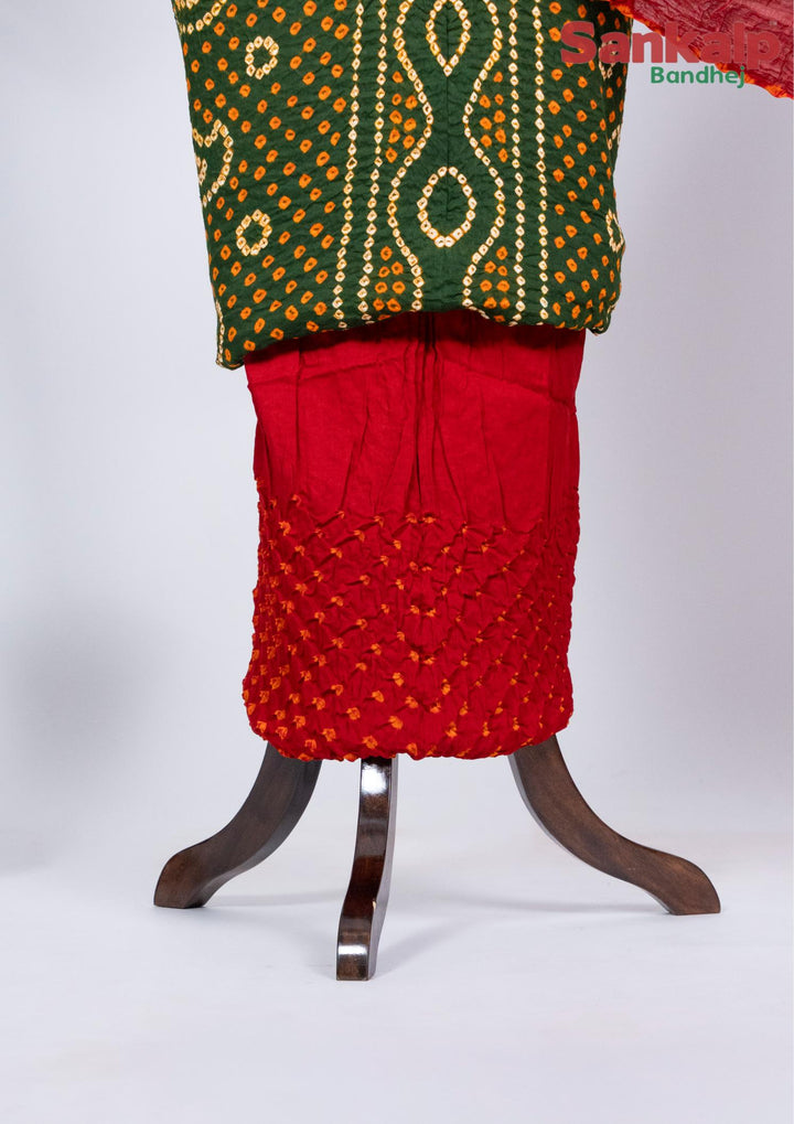 Bottle Green Chandrakani Bandhani Cotton Satin Suit Material