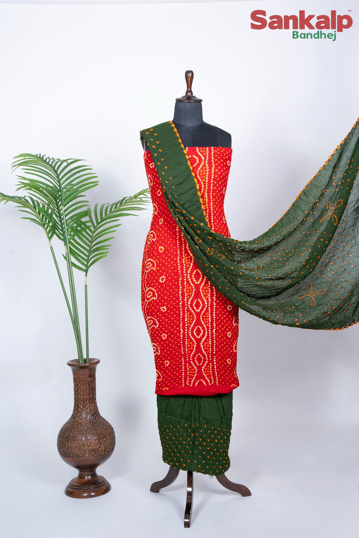 Red Chandrakani Bandhani Cotton Satin Suit Material