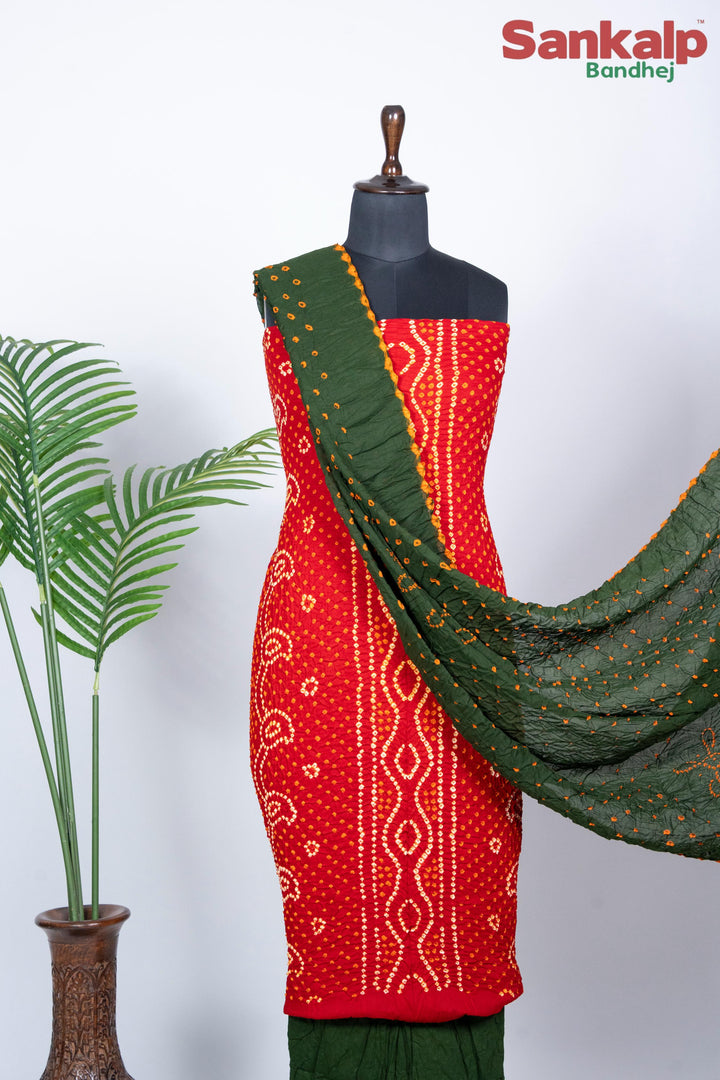 Red Chandrakani Bandhani Cotton Satin Suit Material