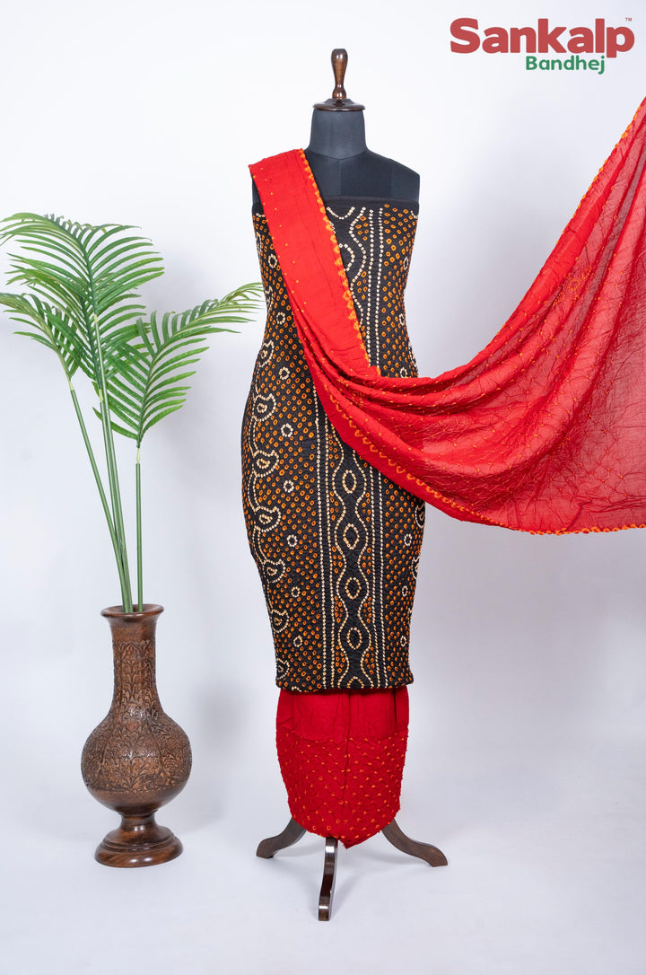 Black Chandrakani Bandhani Cotton Suit Material