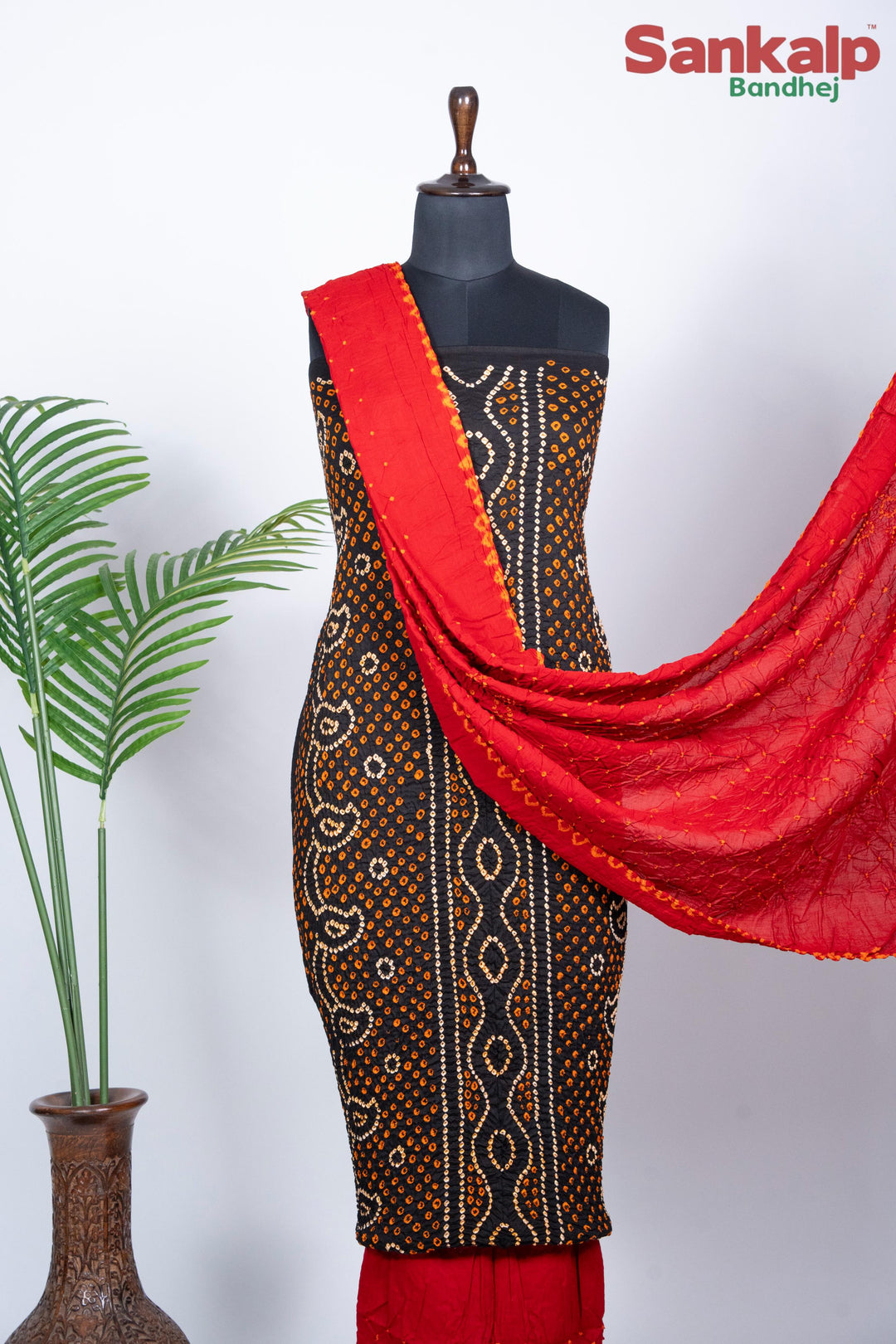 Black Chandrakani Bandhani Cotton Suit Material