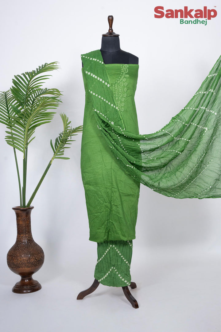 Green Cotton Satin Suit Material with Neck Embroidery