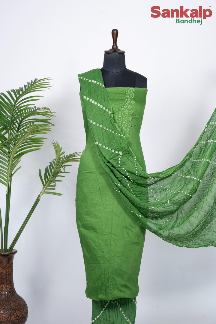 Green Cotton Satin Suit Material with Neck Embroidery