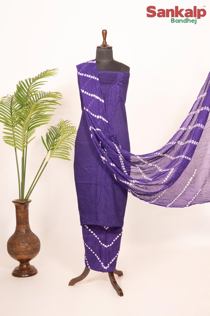 Purple Cotton Satin Suit Material with Neck Embroidery