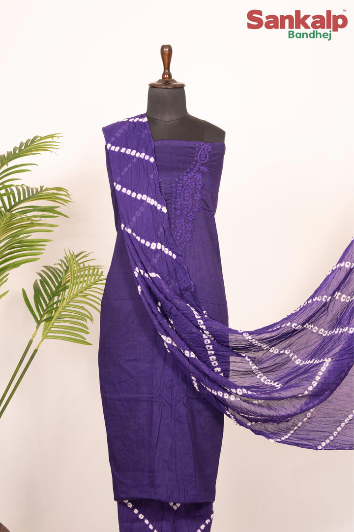 Purple Cotton Satin Suit Material with Neck Embroidery
