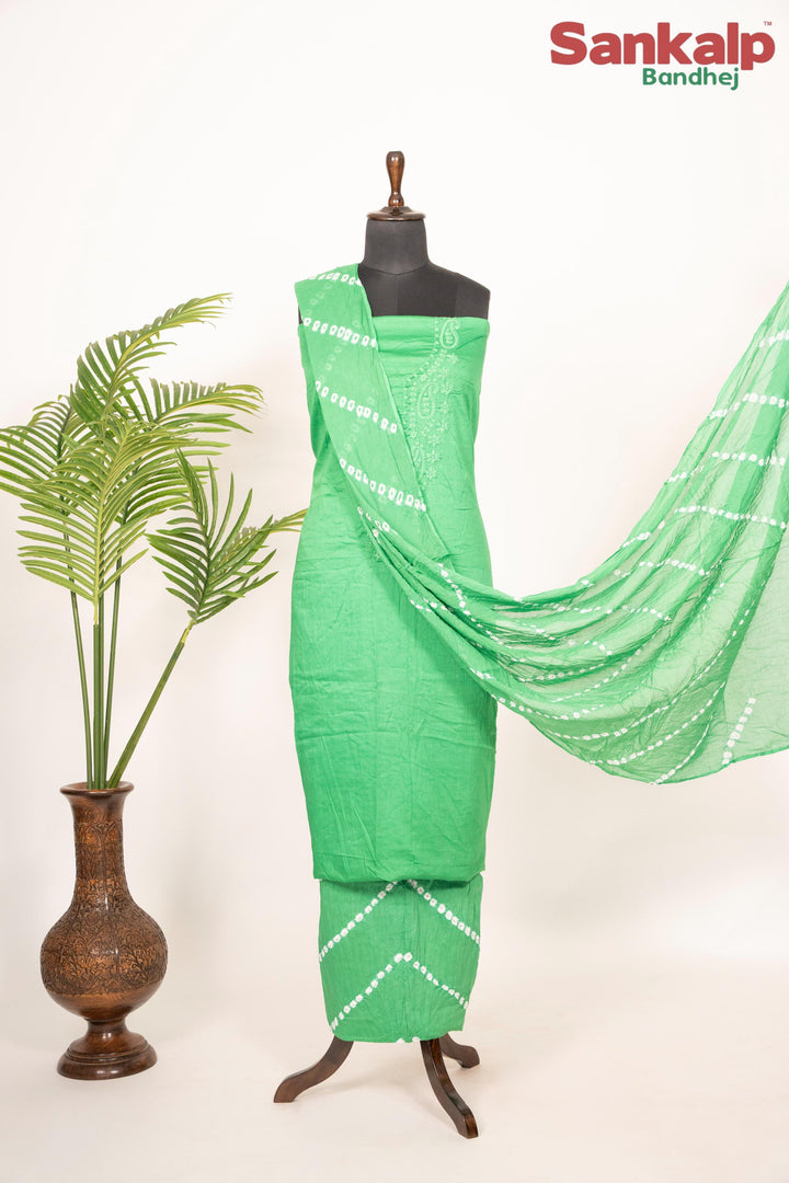 Pastel Green Cotton Satin Suit Material with Neck Embroidery