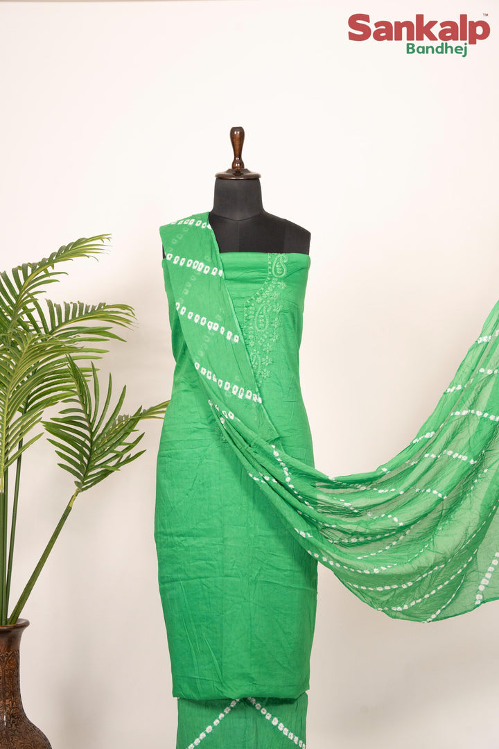 Pastel Green Cotton Satin Suit Material with Neck Embroidery