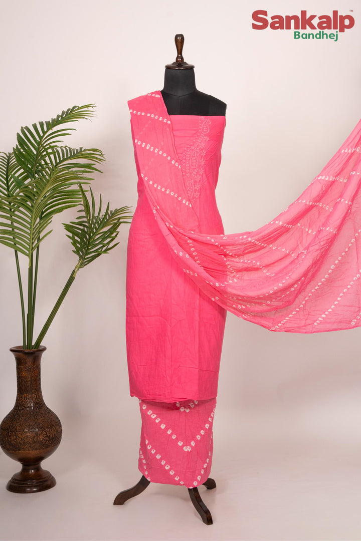 Pink Cotton Satin Suit Material with Neck Embroidery