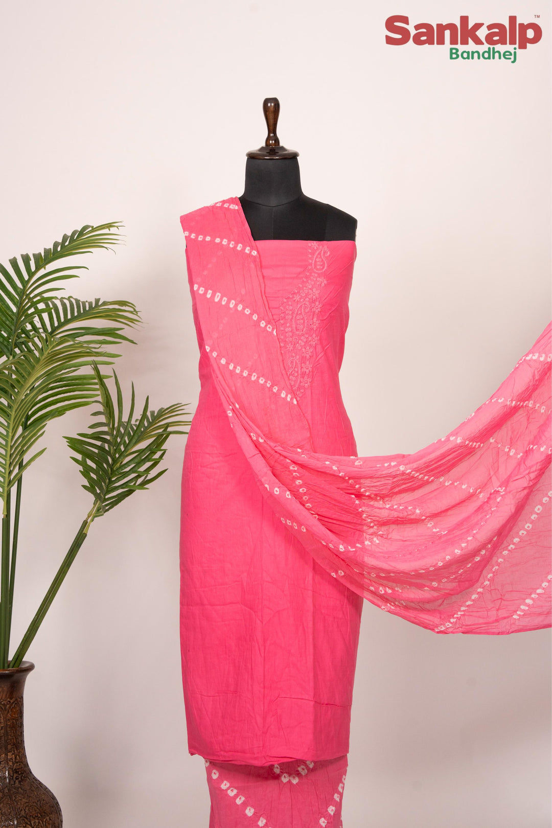 Pink Cotton Satin Suit Material with Neck Embroidery