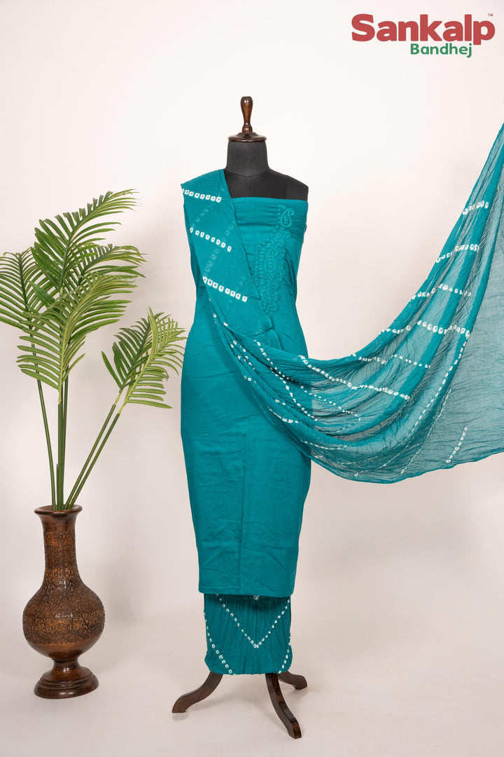 Sky Blue Cotton Satin Suit Material with Neck Embroidery