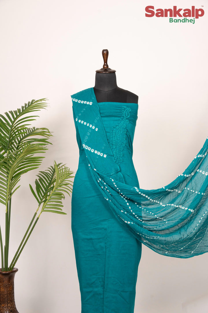 Sky Blue Cotton Satin Suit Material with Neck Embroidery