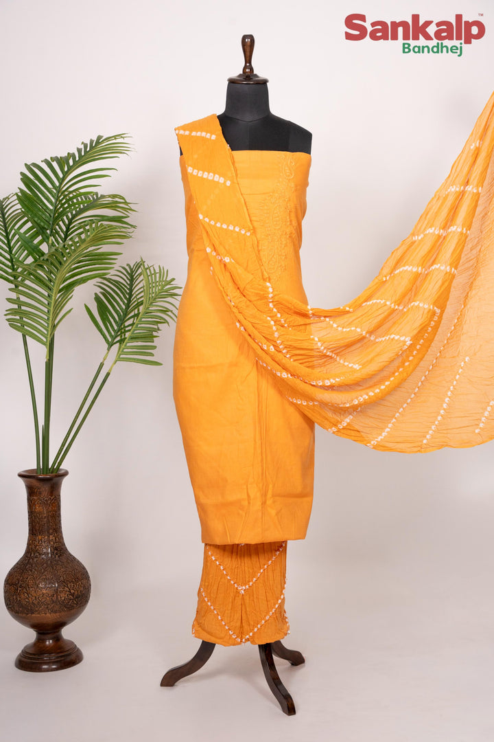 Yellow Cotton Satin Suit Material with Neck Embroidery