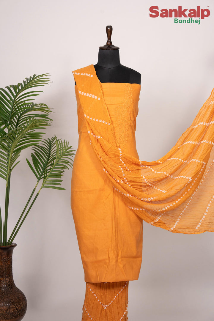 Yellow Cotton Satin Suit Material with Neck Embroidery