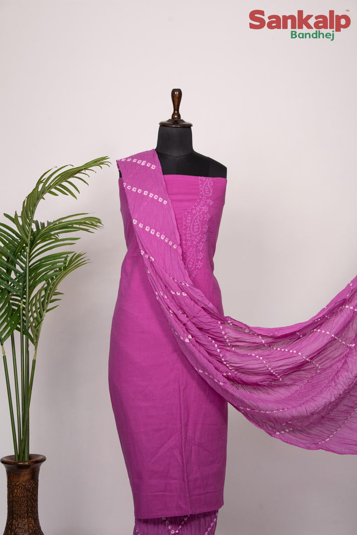 Dull Pink Cotton Satin Suit Material with Neck Embroidery