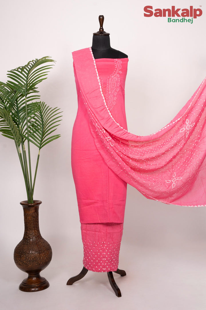 Hot Pink Cotton Satin Suit Material with Neck Embroidery