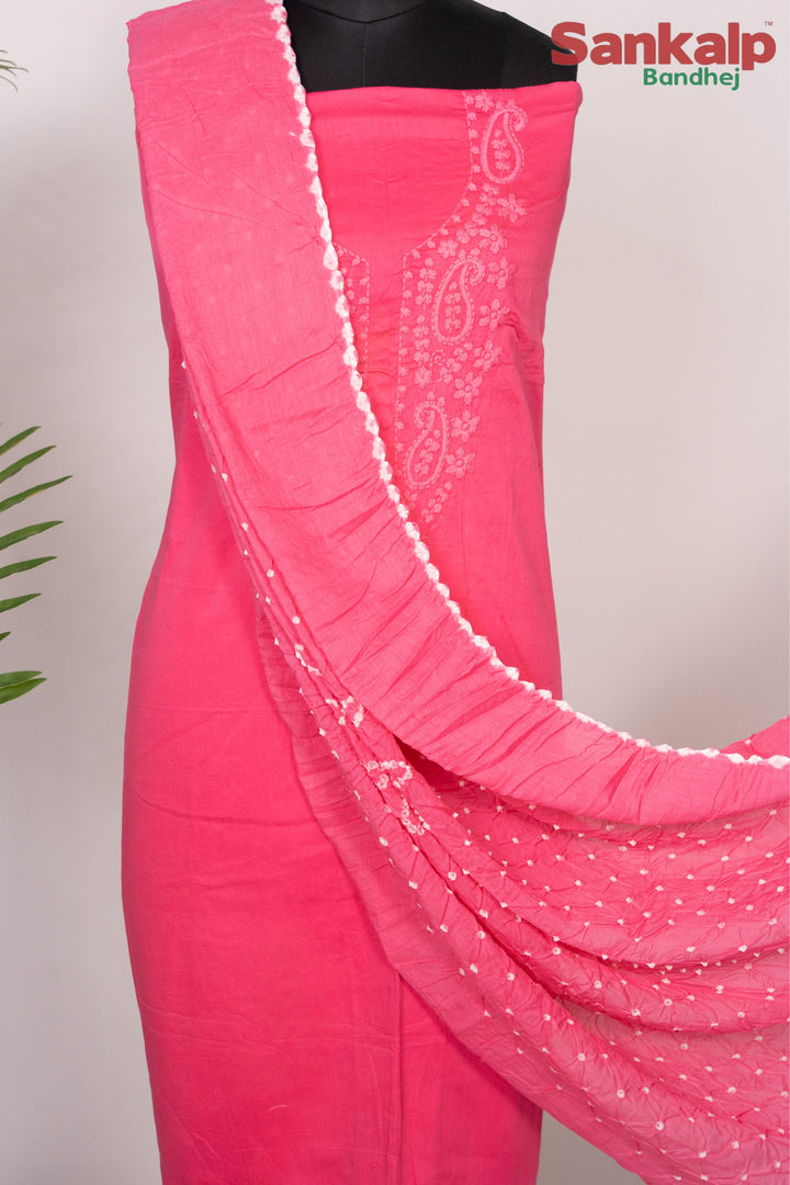 Hot Pink Cotton Satin Suit Material with Neck Embroidery
