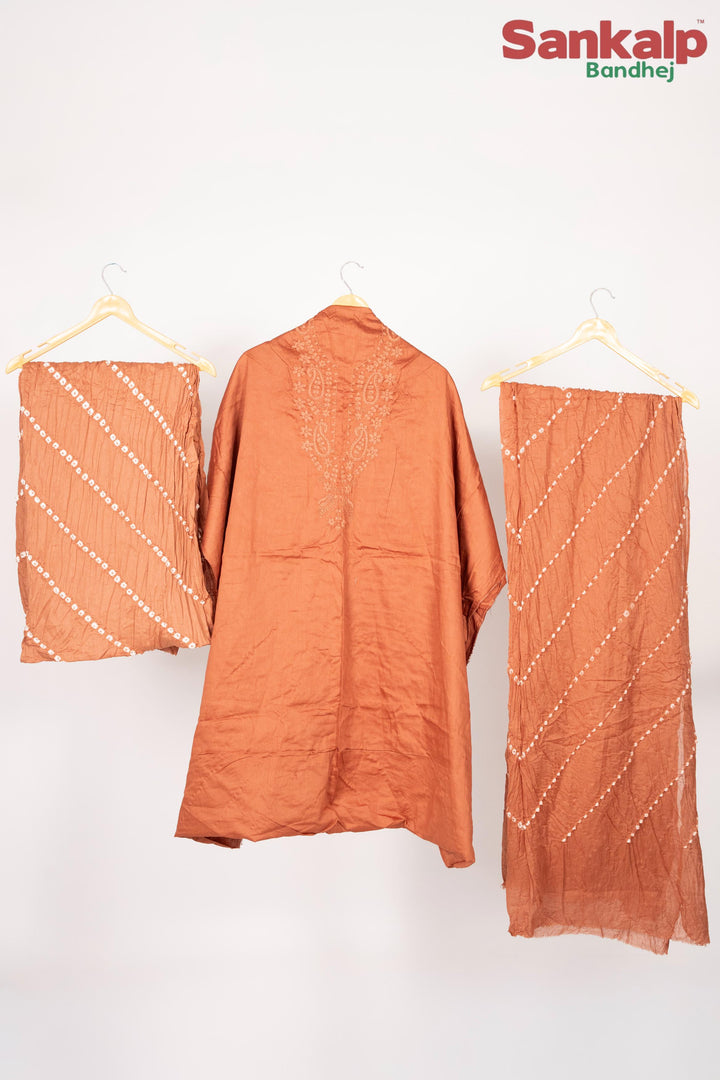 Rust Brown Cotton Satin Suit Material with Neck Embroidery