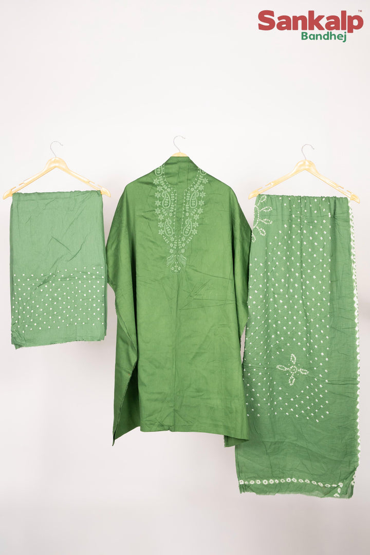 Dark Green Cotton Satin Suit Material with Neck Embroidery