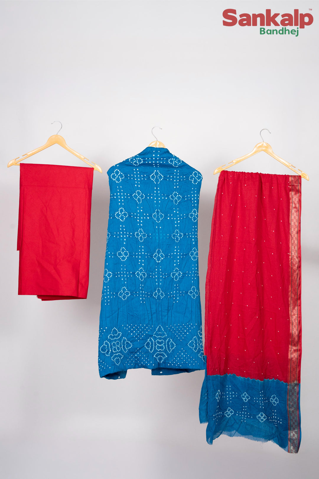 Cotton Satin Light Blue Dress Material With Red Duppta
