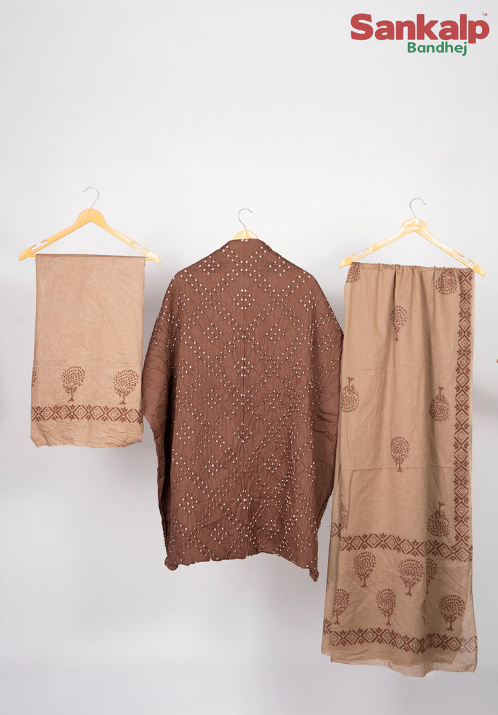Chocolate Brown Cotton Satin Bandhej Suit With Block Print Dupatta