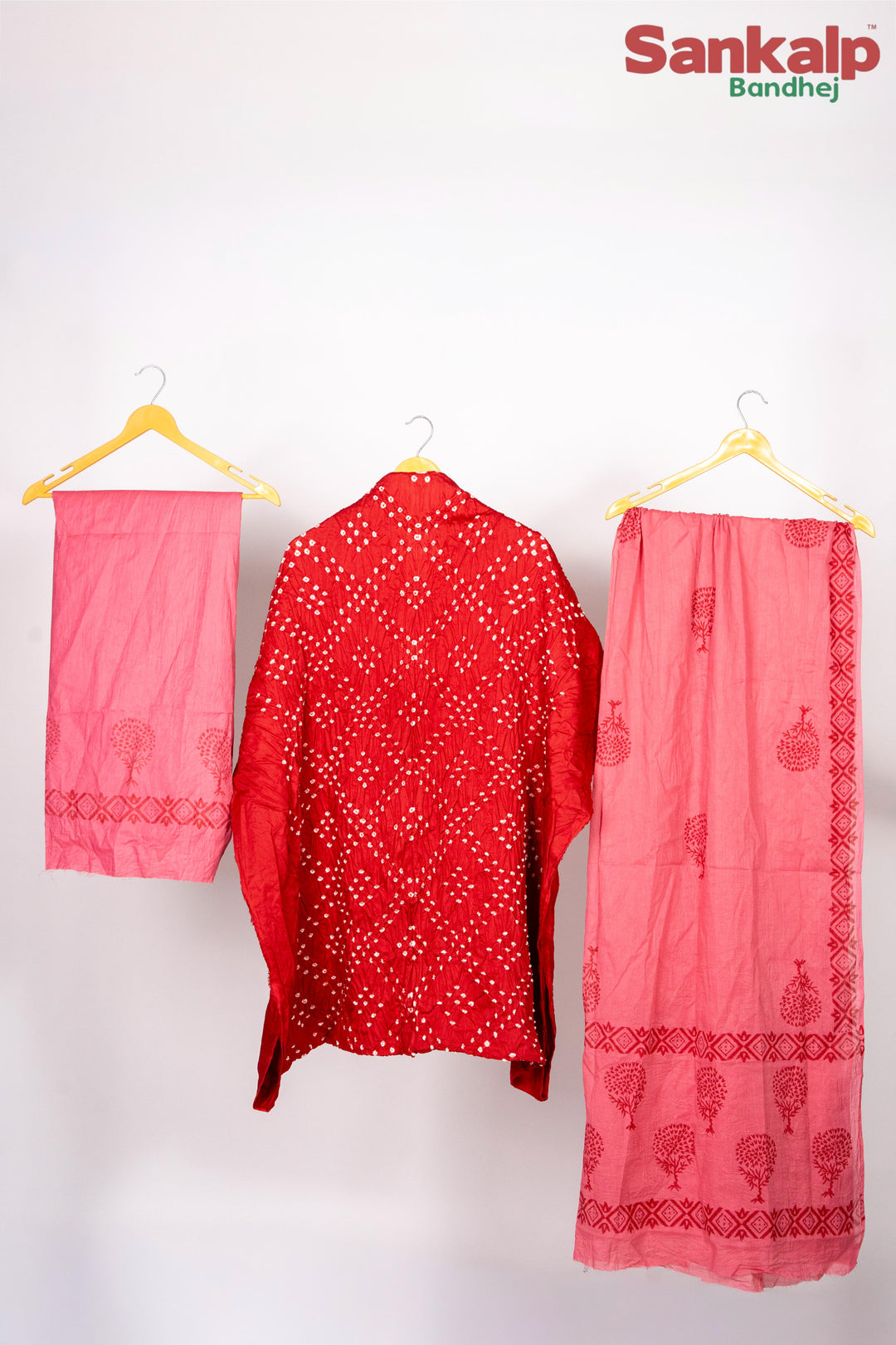 Red Cotton Satin Bandhej Suit With Block Print Dupatta