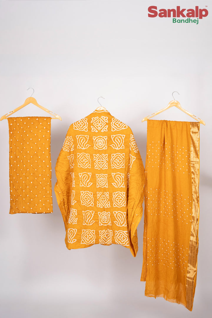 Yellow Bandhani Cotton Satin 3 Piece Suit Material