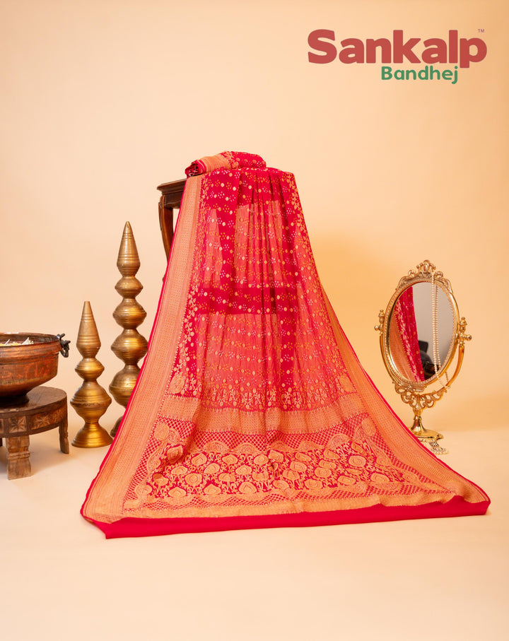 Floral Butti Design Pure Banarasi Georgette Bandhej Saree