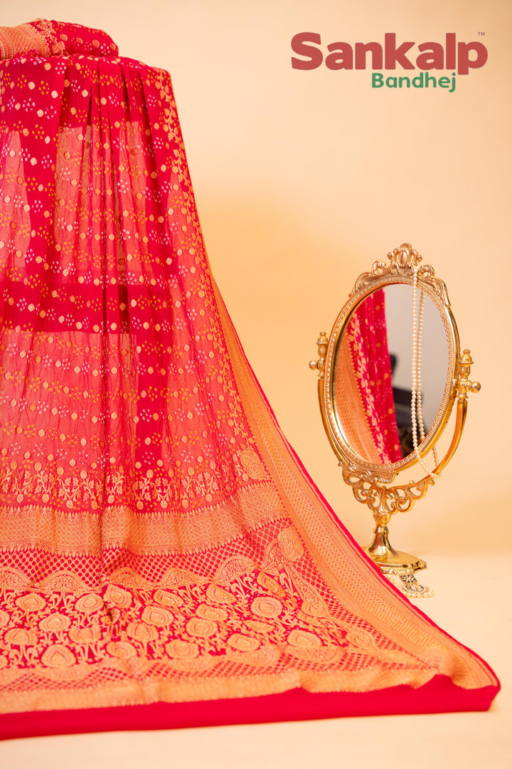 Floral Butti Design Pure Banarasi Georgette Bandhej Saree