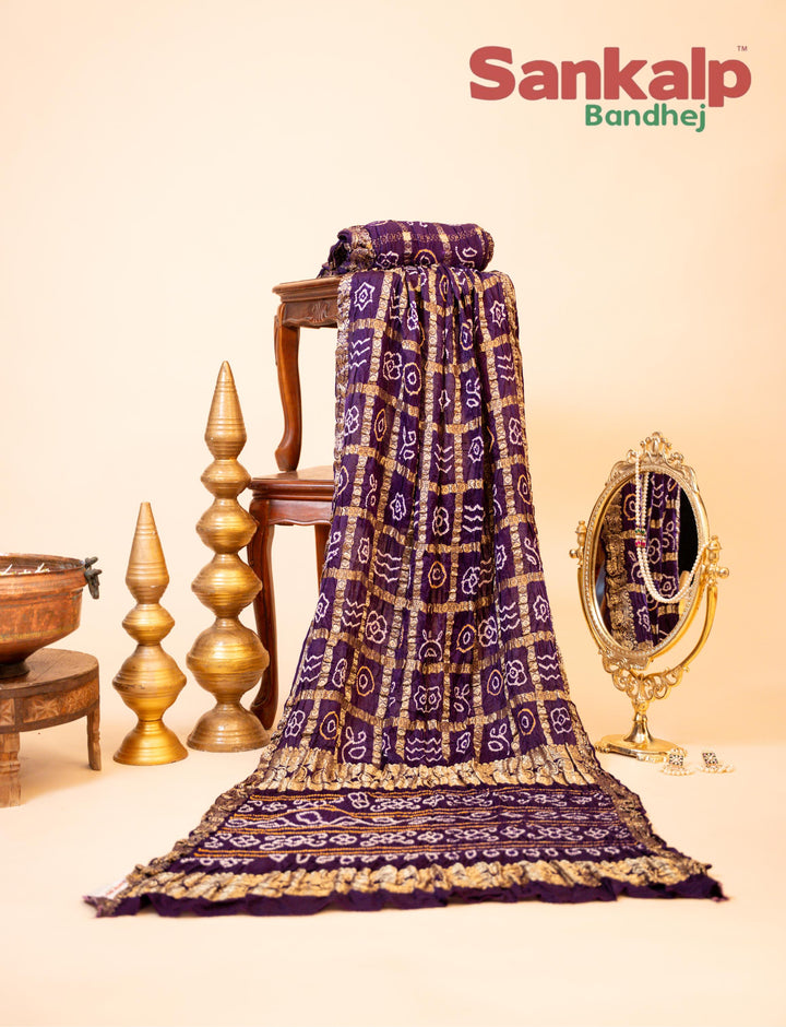 Purple Gajji Gharchola Bandhani Saree With Golden Lagdi Patta