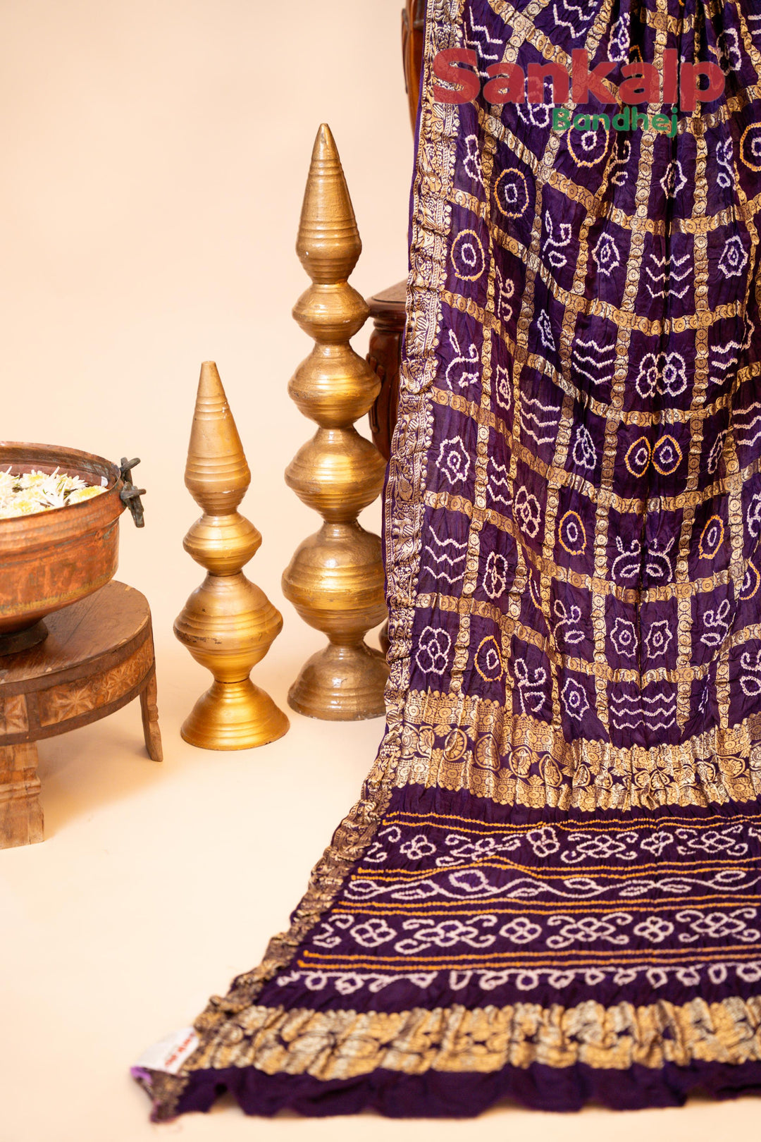 Purple Gajji Gharchola Bandhani Saree With Golden Lagdi Patta
