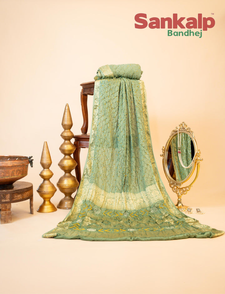 Green Pure Modal Silk Bandhej Saree With Box Style Pallu