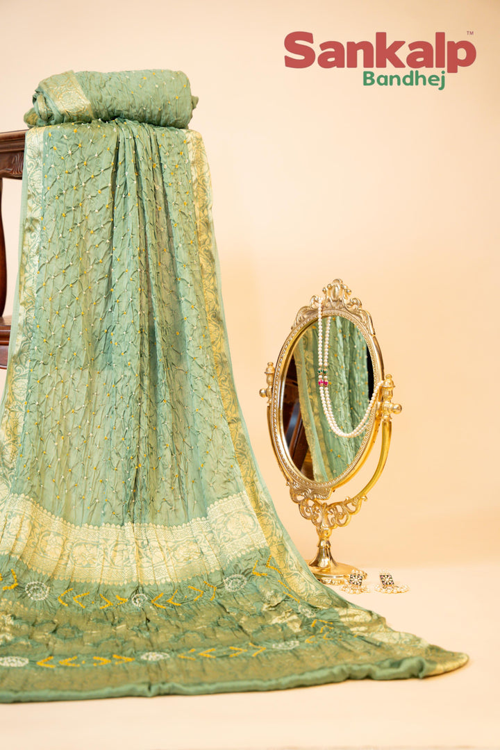 Green Pure Modal Silk Bandhej Saree With Box Style Pallu