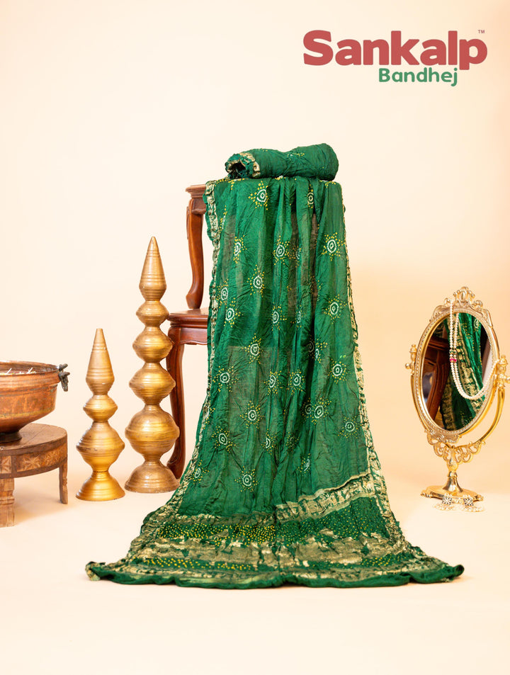 Green Gajji Silk Star Shaped Bandhej Saree