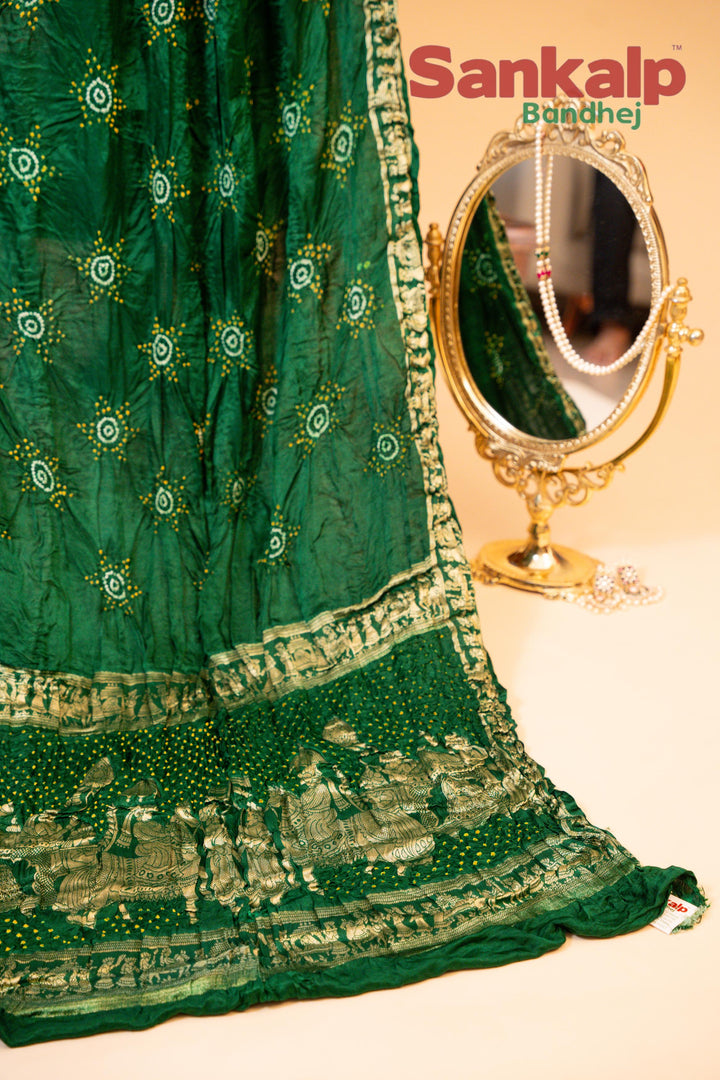 Green Gajji Silk Star Shaped Bandhej Saree