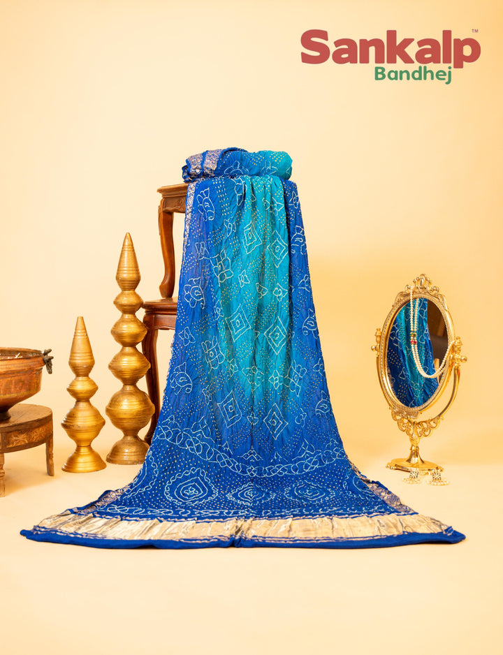 Blue Pure Gajji Silk Pan Zari Border Bandhej Saree