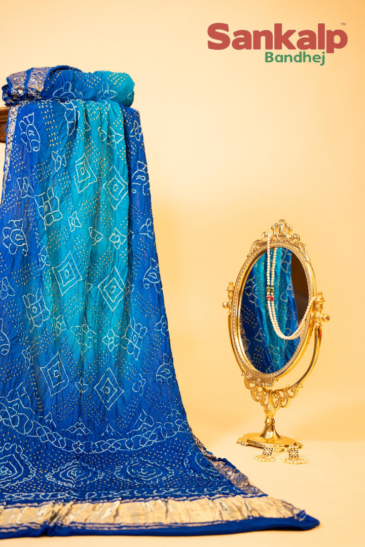Blue Pure Gajji Silk Pan Zari Border Bandhej Saree
