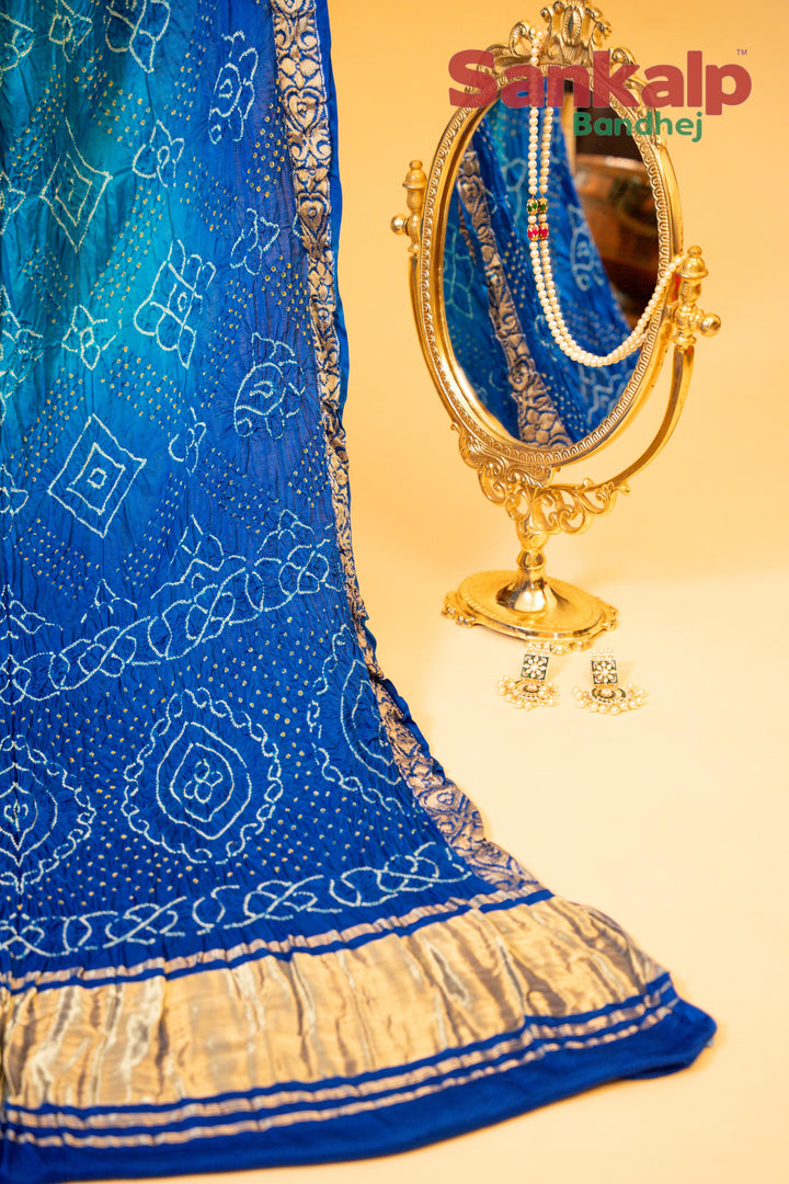 Blue Pure Gajji Silk Pan Zari Border Bandhej Saree