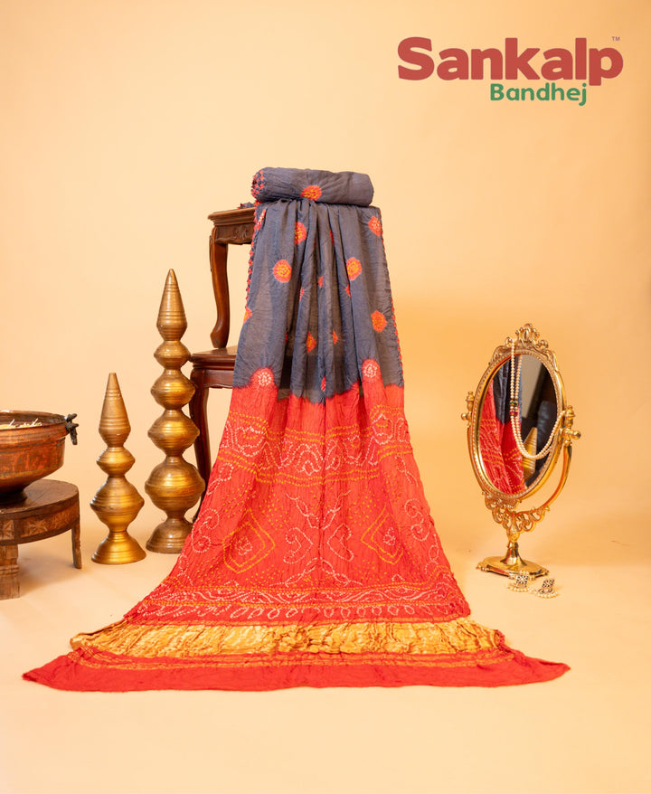 Blue Pure Gajji Silk Bandhej Saree With Kangra Work