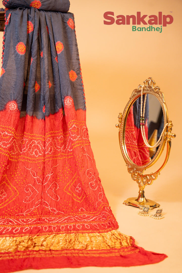 Blue Pure Gajji Silk Bandhej Saree With Kangra Work