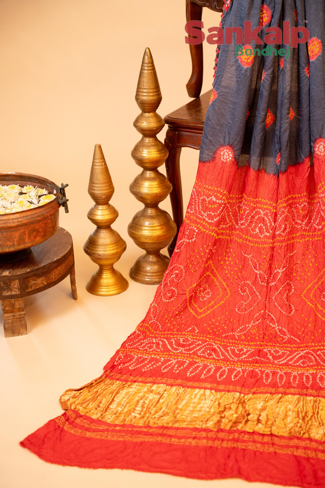 Blue Pure Gajji Silk Bandhej Saree With Kangra Work