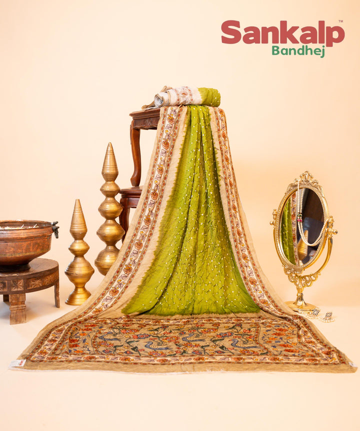 Green Pure Modal Silk Bandhani Saree In Madhubani Designs