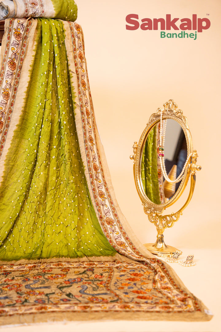 Green Pure Modal Silk Bandhani Saree In Madhubani Designs