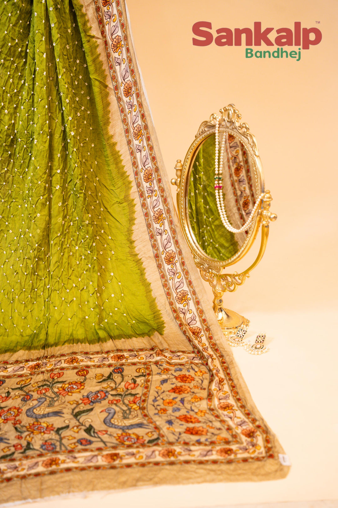 Green Pure Modal Silk Bandhani Saree In Madhubani Designs
