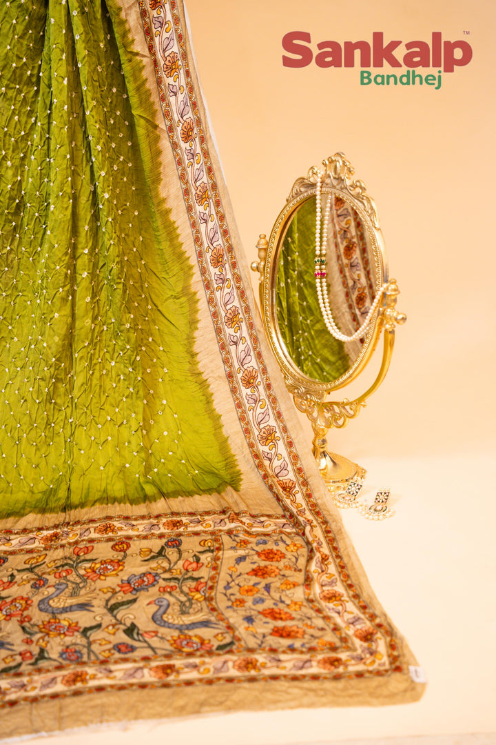 Green Pure Modal Silk Bandhani Saree In Madhubani Designs